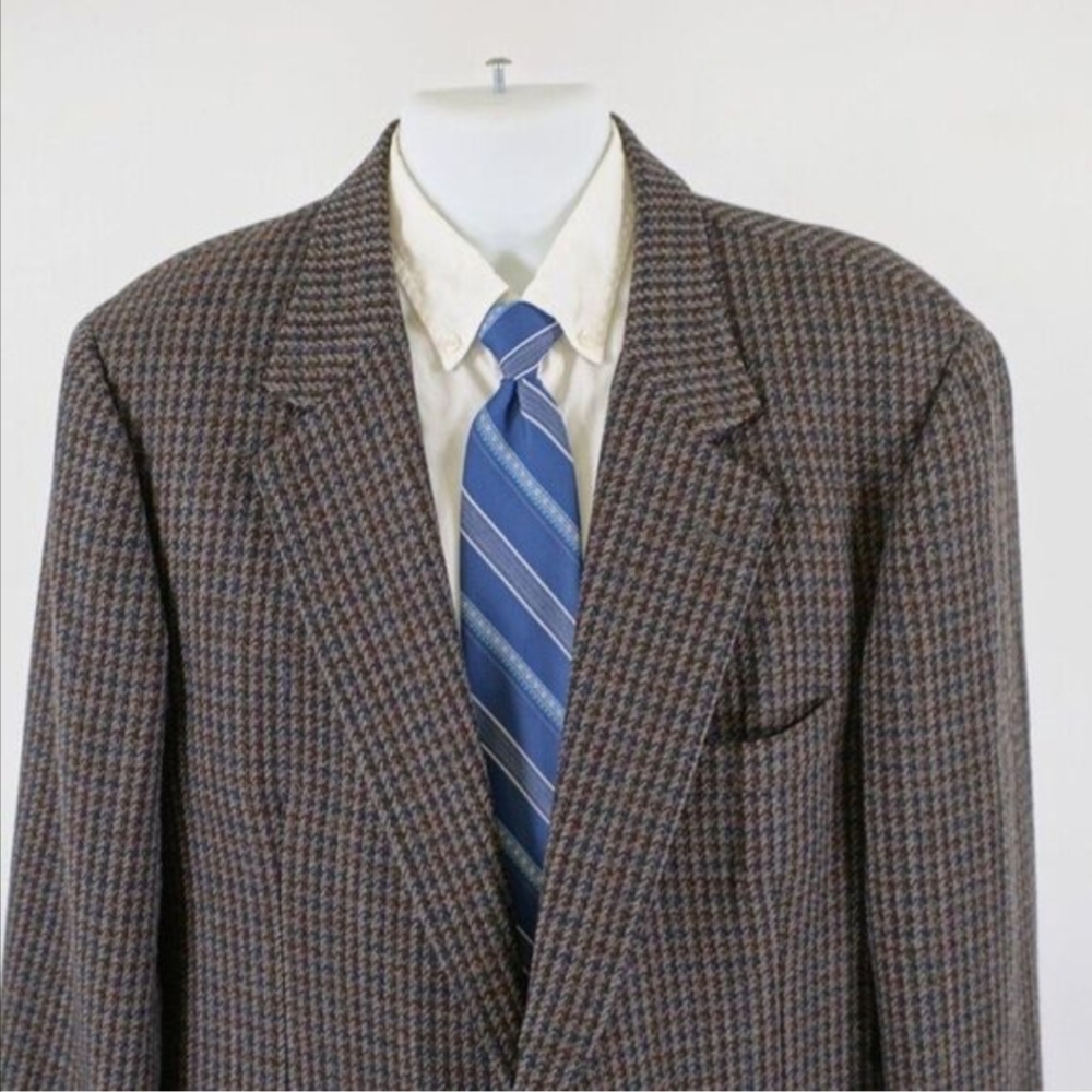 PBM Tweed Wool Black Gray Brown Blue Orange Check Leather Button Sport Coat 42R